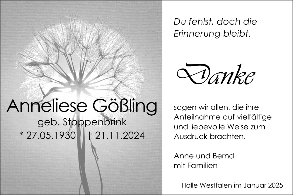  Traueranzeige für Anneliese Gößling vom 10.01.2025 aus Neue Westfälische