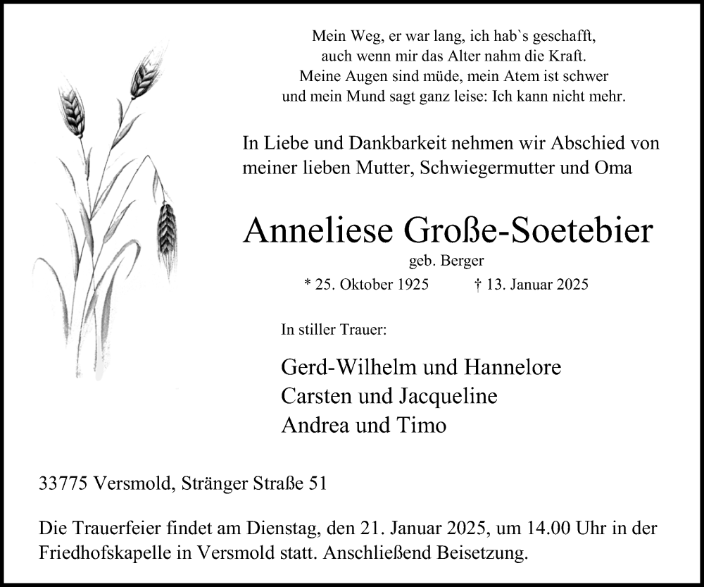  Traueranzeige für Anneliese Große-Soetebier vom 17.01.2025 aus Neue Westfälische und Westfalen-Blatt
