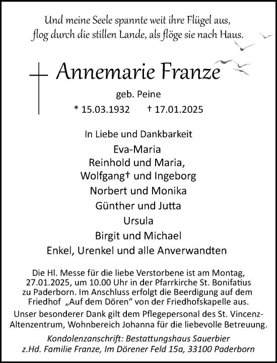 Traueranzeige von Annemarie Franze von Neue Westfälische und Westfalen-Blatt