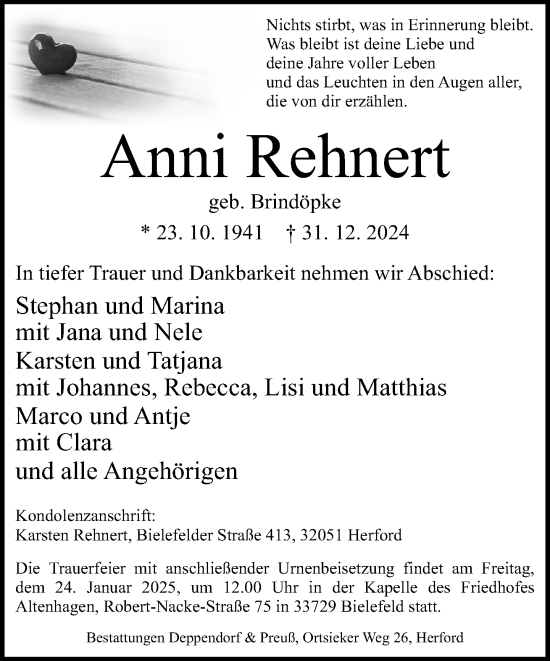 Traueranzeige von Anni Rehnert von Neue Westfälische