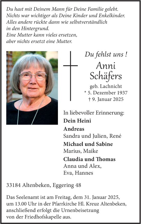 Traueranzeige von Anni Schäfers von Neue Westfälische und Westfalen-Blatt