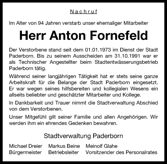 Traueranzeige von Anton Fornefeld von Neue Westfälische und Westfalen-Blatt