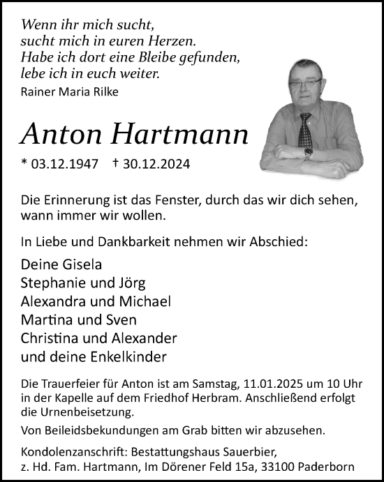 Traueranzeige von Anton Hartmann von Neue Westfälische