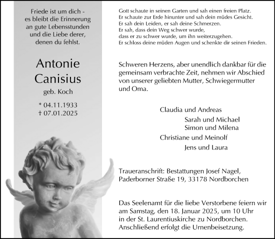 Traueranzeige von Antonie Canisius von Neue Westfälische