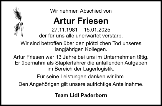 Traueranzeige von Artur Friesen von Neue Westfälische und Westfalen-Blatt