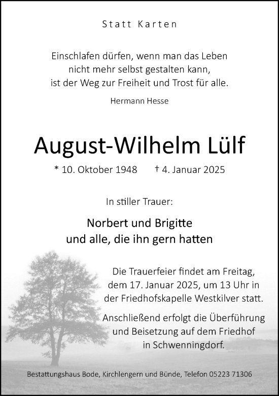 Traueranzeige von August-Wilhelm Lülf von Neue Westfälische