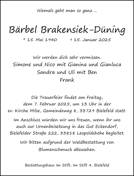 Traueranzeige von Bärbel Brakensiek-Düning von Neue Westfälische und Westfalen-Blatt