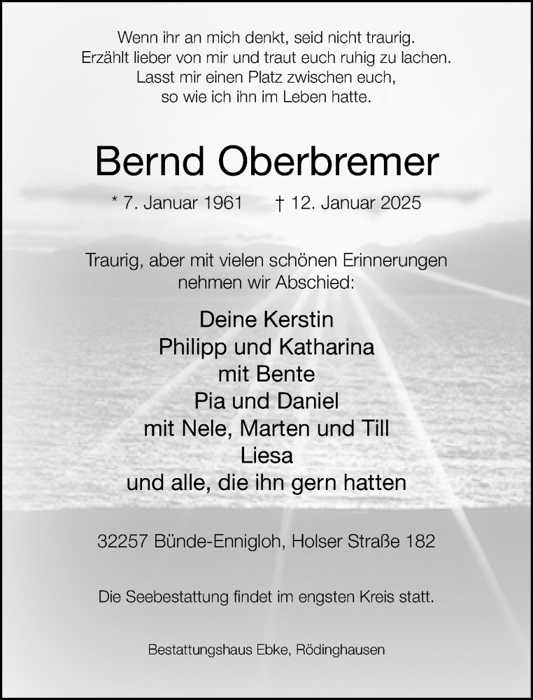 Traueranzeige für Bernd Oberbremer vom 18.01.2025 aus Neue Westfälische und Westfalen-Blatt