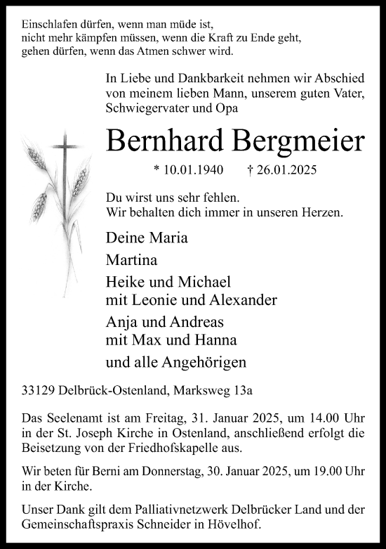 Traueranzeige von Bernhard Bergmeier von Neue Westfälische und Westfalen-Blatt