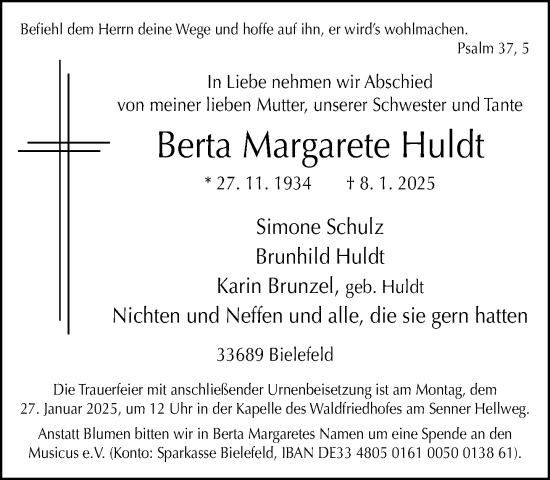 Traueranzeige von Berta Margarete Huldt von Neue Westfälische und Westfalen-Blatt
