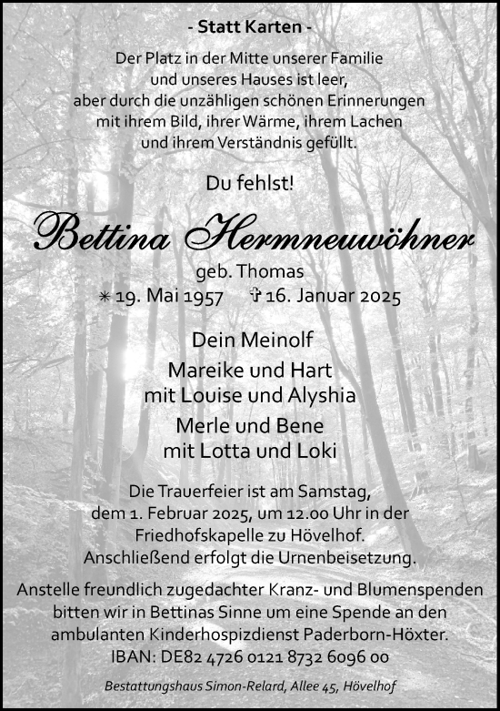 Traueranzeige von Bettina Hermneuwöhner von Neue Westfälische und Westfalen-Blatt