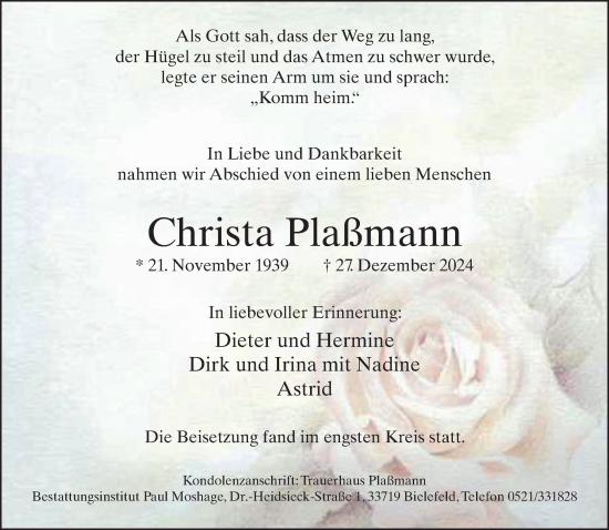 Traueranzeige von Christa Plaßmann von Neue Westfälische
