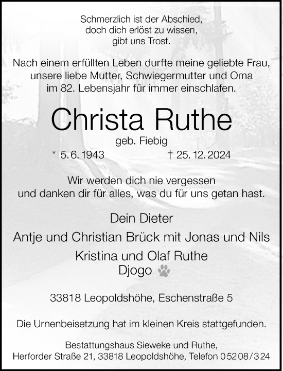 Traueranzeige von Christa Ruthe