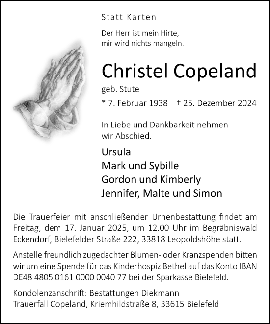 Traueranzeige von Christel Copeland von Neue Westfälische