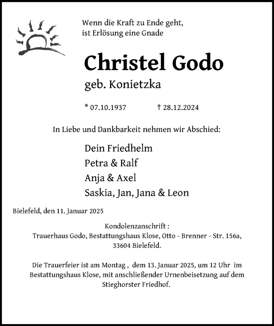 Traueranzeige von Christel Godo von Neue Westfälische