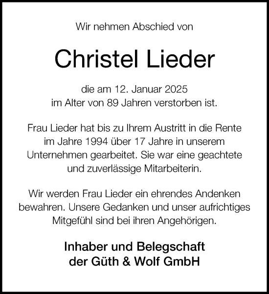Traueranzeige von Christel Lieder von Neue Westfälische und Westfalen-Blatt