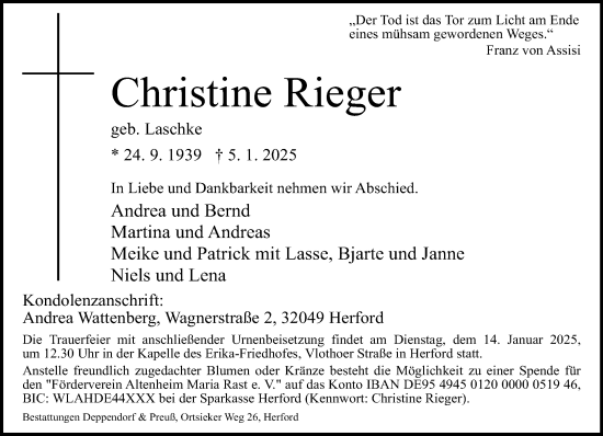 Traueranzeige von Christine Rieger von Neue Westfälische