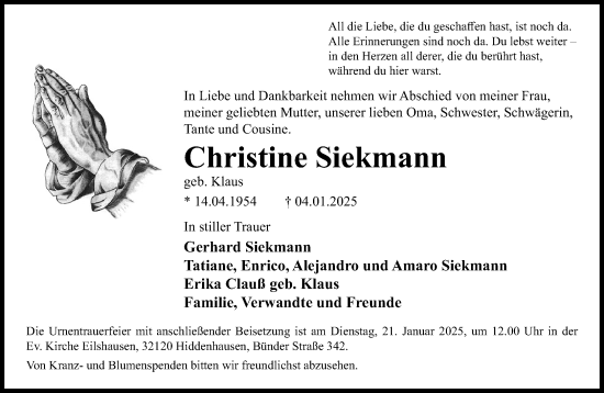 Traueranzeige von Christine Siekmann von Neue Westfälische