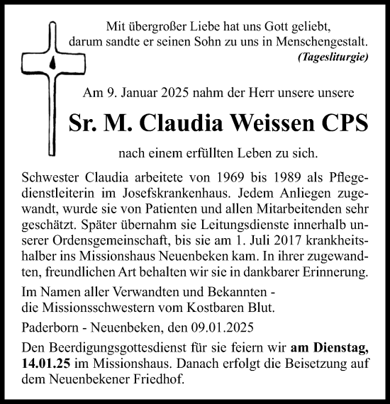 Traueranzeige von Claudia Weissen von Neue Westfälische