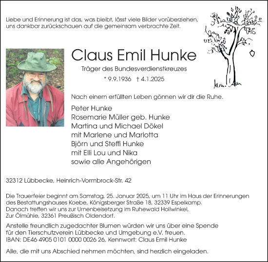 Traueranzeige von Claus Emil Hunke von Neue Westfälische