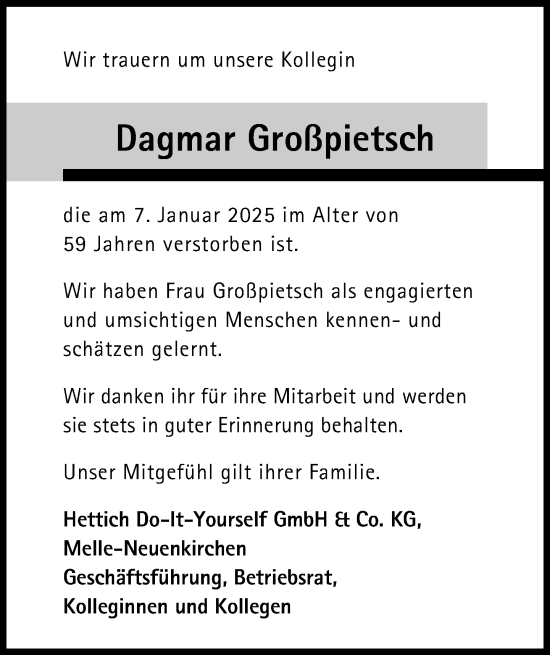 Traueranzeige von Dagmar Großpietsch von Neue Westfälische und Westfalen-Blatt