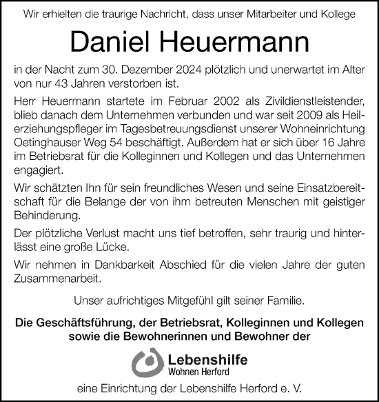 Traueranzeige von Daniel Heuermann von Neue Westfälische und Westfalen-Blatt