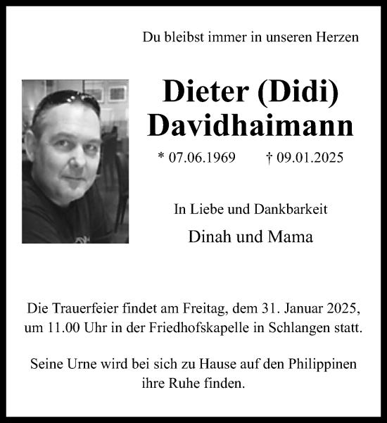 Traueranzeige von Dieter Davidhaimann von Neue Westfälische und Westfalen-Blatt