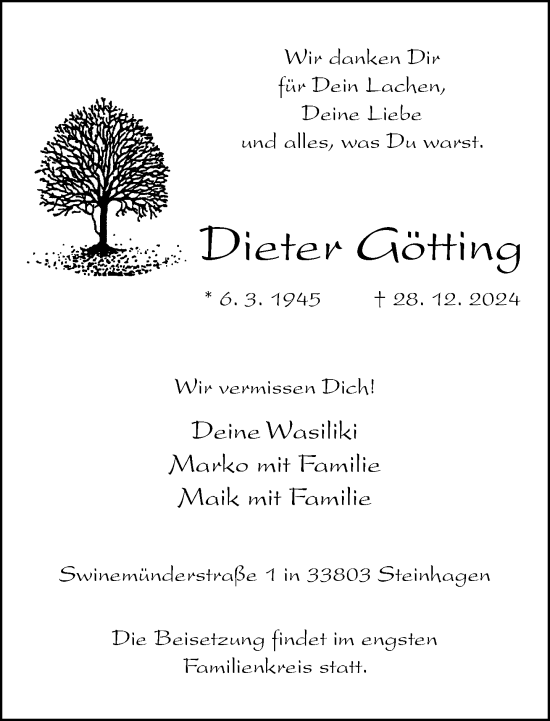 Traueranzeige von Dieter Götting von Neue Westfälische