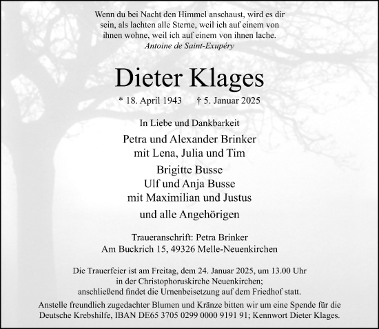 Traueranzeige von Dieter Klages von Neue Westfälische