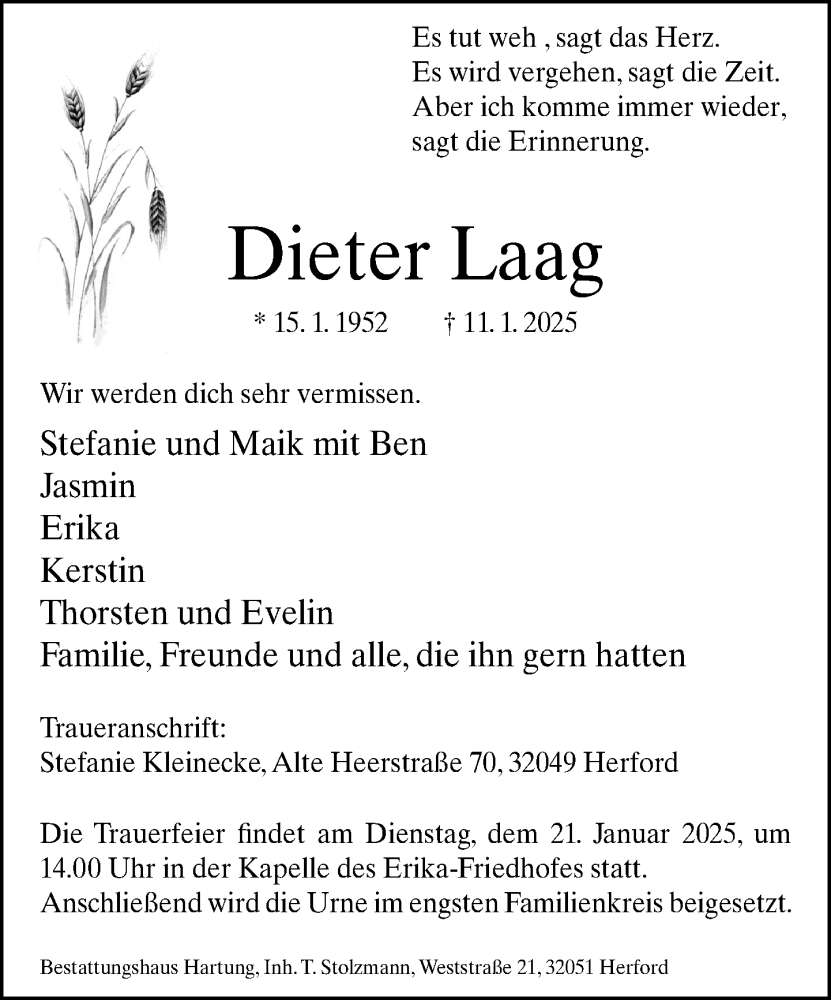  Traueranzeige für Dieter Laag vom 18.01.2025 aus Neue Westfälische und Westfalen-Blatt