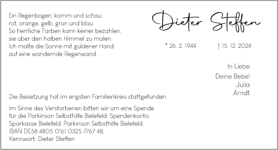 Traueranzeige von Dieter Steffen von Neue Westfälische