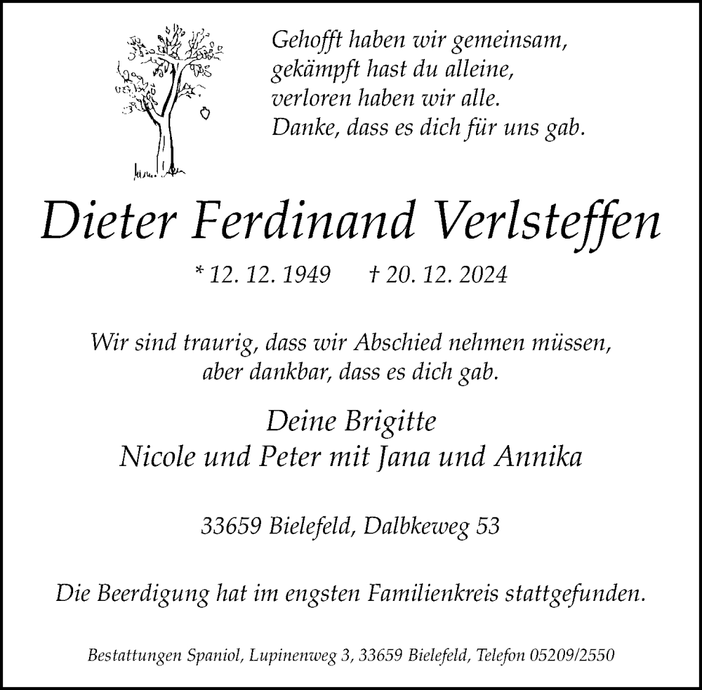  Traueranzeige für Dieter Ferdinand Verlsteffen vom 11.01.2025 aus Neue Westfälische