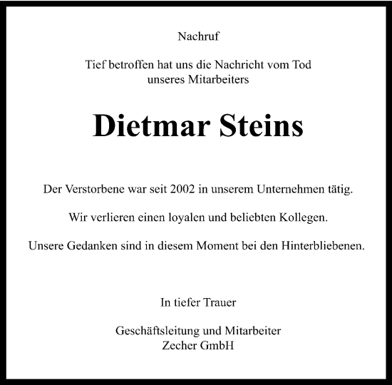 Traueranzeige von Dietmar Steins von Neue Westfälische