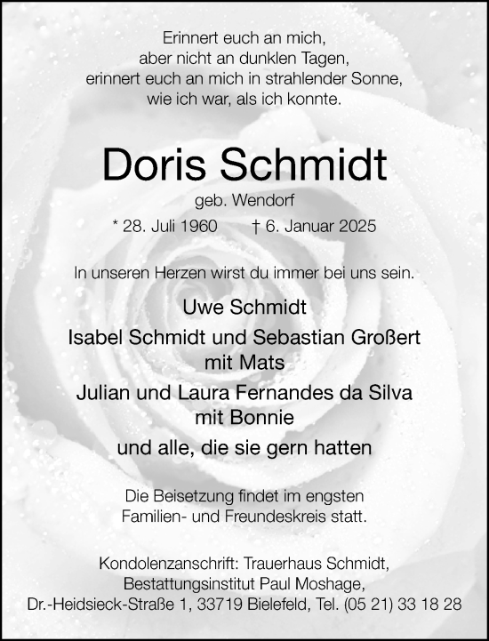 Traueranzeige von Doris Schmidt von Neue Westfälische