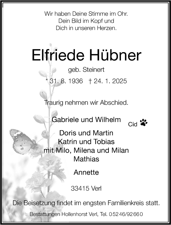 Traueranzeige von Elfriede Hübner von Neue Westfälische und Westfalen-Blatt