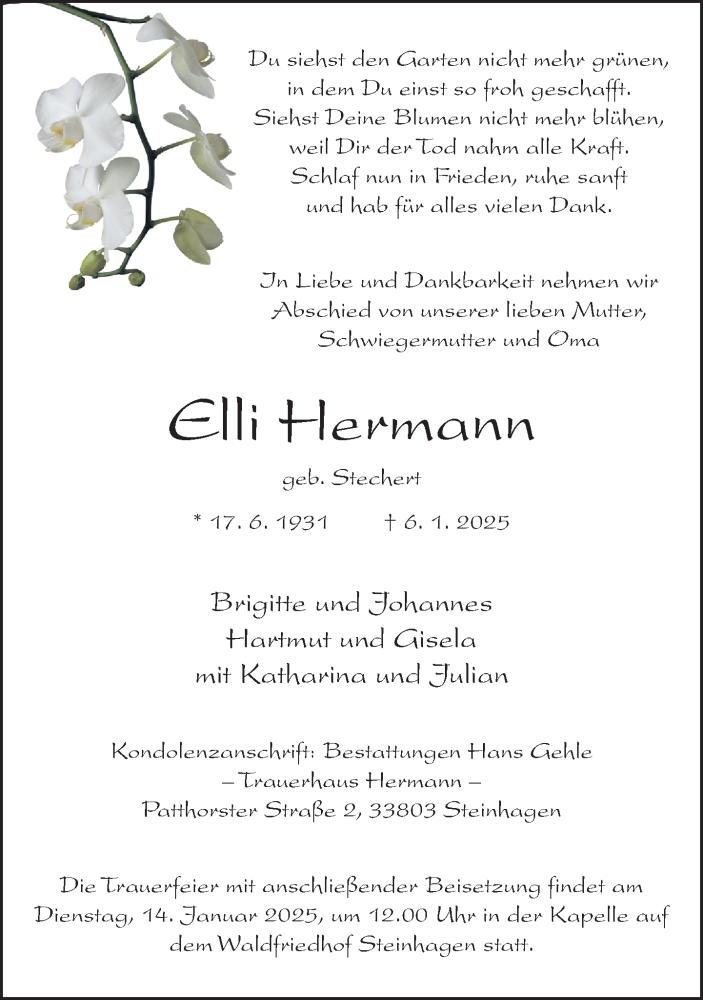  Traueranzeige für Elli Hermann vom 11.01.2025 aus Neue Westfälische
