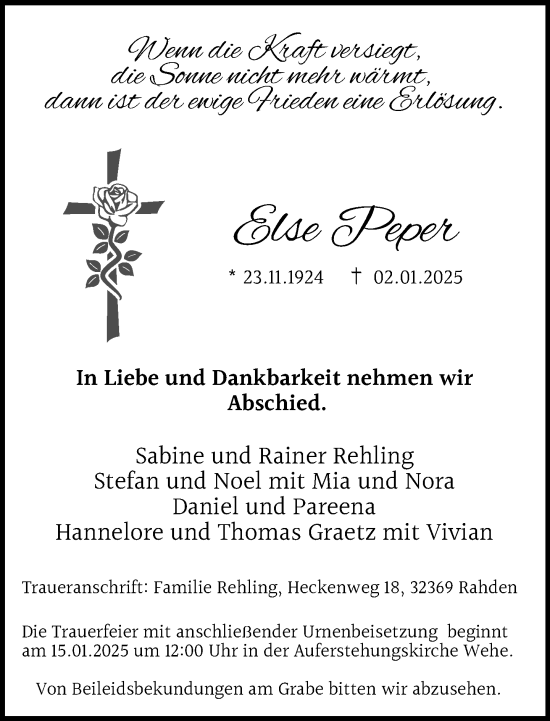 Traueranzeige von Else Peper von Neue Westfälische