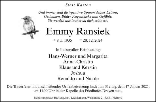 Traueranzeige von Emmy Ransiek von Neue Westfälische
