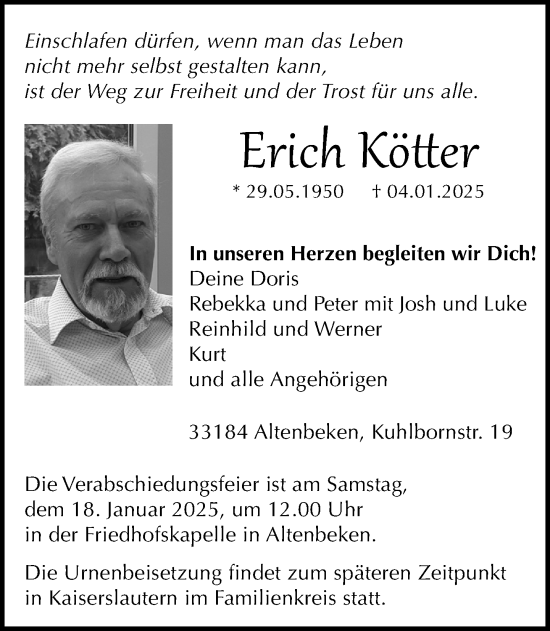 Traueranzeige von Erich Kötter von Neue Westfälische