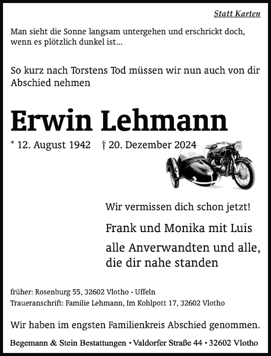 Traueranzeige von Erwin Lehmann von Neue Westfälische