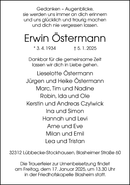 Traueranzeige von Erwin Östermann von Neue Westfälische