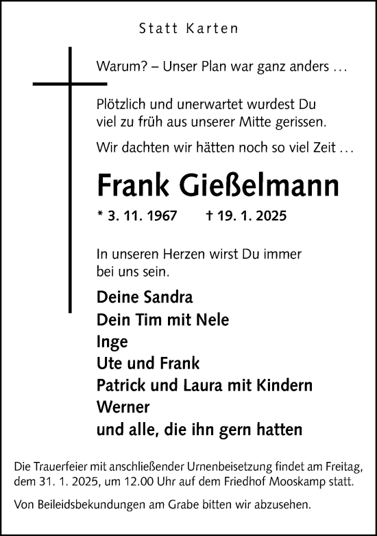 Traueranzeige von Frank Gießelmann von Neue Westfälische und Westfalen-Blatt