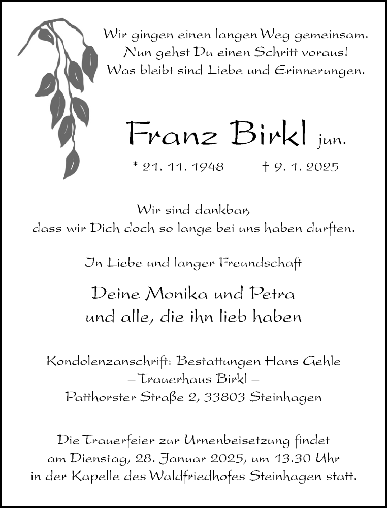  Traueranzeige für Franz Birkl vom 18.01.2025 aus Neue Westfälische und Westfalen-Blatt