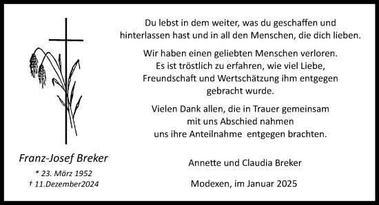 Traueranzeige von Franz-Josef Breker von Neue Westfälische und Westfalen-Blatt