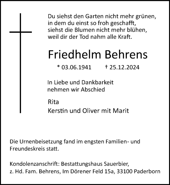 Traueranzeige von Friedhelm Behrens von Neue Westfälische