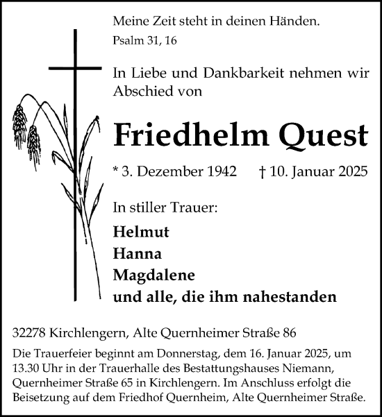 Traueranzeige von Friedhelm Quest von Neue Westfälische