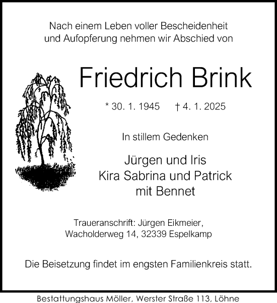 Traueranzeige von Friedrich Brink von Neue Westfälische