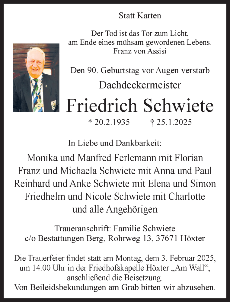  Traueranzeige für Friedrich Schwiete vom 29.01.2025 aus Neue Westfälische und Westfalen-Blatt