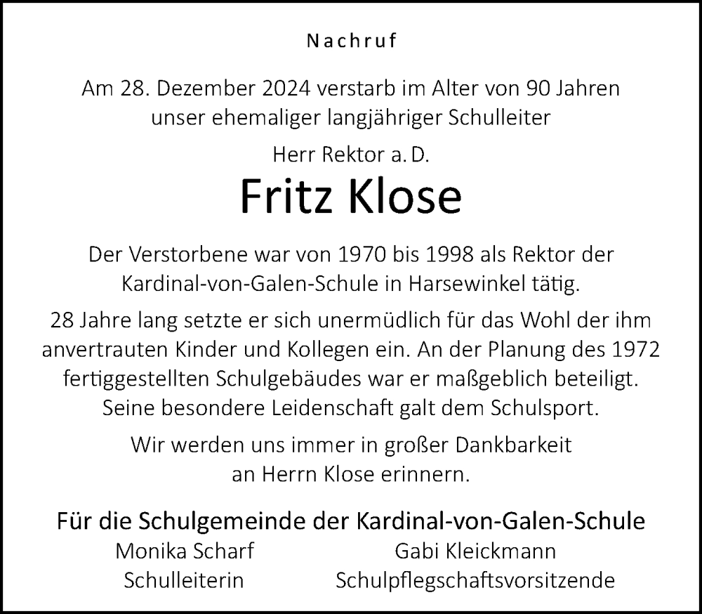  Traueranzeige für Fritz Klose vom 11.01.2025 aus Neue Westfälische