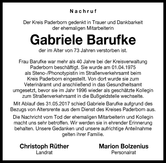 Traueranzeige von Gabriele Barufke von Neue Westfälische und Westfalen-Blatt